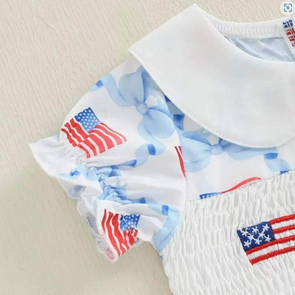 4th of July Baby Girls Embroidered Flag Bow Sleeveless Romper Jumpsuit